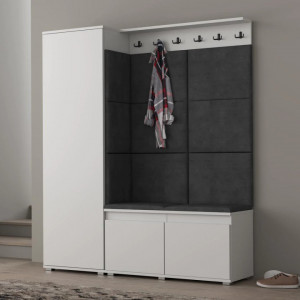 CUI516 - Cuier 154x37x177 cm - 6 agatatori haine, hol, pantofar - Alb, tapiterie Verde/Gri/Albastru