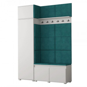 CUI519 - Cuier 154x37x214 cm - 6 agatatori haine, hol, pantofar - Alb, tapiterie Verde/Gri/Albastru