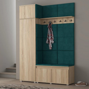 CUI520 - Cuier 154x37x214 cm - 6 agatatori haine, hol, pantofar - Sonoma, tapiterie Verde/Gri/Albastru