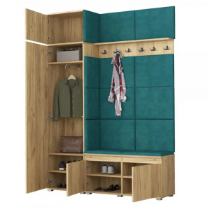 CUI521 - Cuier 154x37x214 cm - 6 agatatori haine, hol, pantofar - Culoarea Stejar, tapiterie Verde/Gri/Albastru
