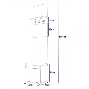 CUI524 - Cuier 50x37x214 cm - 3 agatatori haine, hol, pantofar - Culoarea Stejar, tapiterie Verde/Gri/Albastru