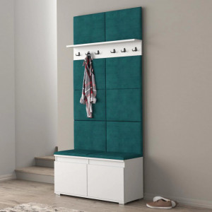 CUI525 - Cuier 100x37x214 cm - 6 agatatori haine, hol, pantofar - Alb, tapiterie Verde/Gri/Albastru