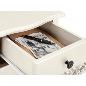 NOA116 - Noptiera, dulap cu 3 sertare cu manere, butoni metalici si detaliu floral - Crem / Ivory