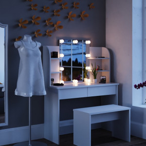 SEA251 - Set Masa alba toaleta cosmetica machiaj oglinda masuta vanity, oglinda cu LED si rafturi
