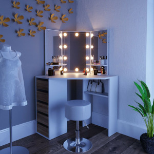 SEA274 - Set Masa toaleta cosmetica machiaj, cu oglinda make-up cu sau fara LED-uri, masuta vanity - Alb cu Maro pe colt
