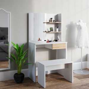 SEA276 - Set Masa toaleta 75 cm, cosmetica machiaj oglinda cu sau fara LED, masuta vanity Alb-Maro