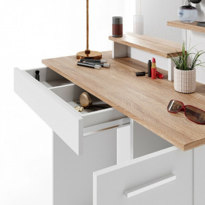 SEA293 - Set Masa toaleta, 90 cm, cosmetica machiaj oglinda cu sau fara LED, masuta vanity, cu sau fara scaunel - Alb-Maro