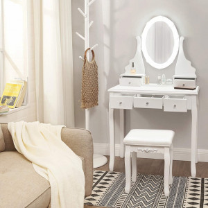 SEA343 - Set Masa toaleta cosmetica 80 cm machiaj masuta vanity, oglinda make-up cu LED, cosmetica cu scaun tapitat - Alb