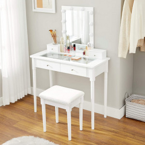 SEA346 - Set Masa alba toaleta, 90 cm, cosmetica machiaj oglinda masuta vanity cu oglinda cu LED, cu scaun tapitat