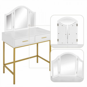 SEA364 - Set Masa toaleta, 80 cm, cosmetica machiaj, oglinda, masuta vanity - Alb-Auriu