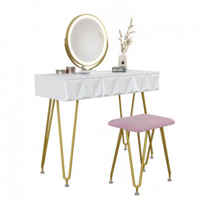 SEA366 - Set Masa toaleta, 100 cm, cosmetica machiaj, oglinda, masuta vanity - Alb-Auriu