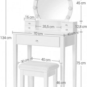 SEA374 - Set Masa toaleta, 70 cm, cosmetica machiaj, oglinda, masuta vanity cu taburet tapitat - Alb