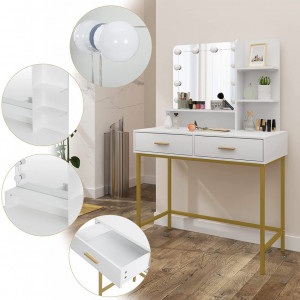 SEA381 - Set Masa toaleta, 90 cm, cosmetica machiaj, oglinda cu LED, masuta vanity - Alb-Auriu