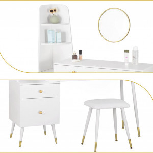 SEA382 - Set Masa toaleta, 100 cm reversibila, cosmetica machiaj, oglinda, masuta vanity - Alb-Auriu