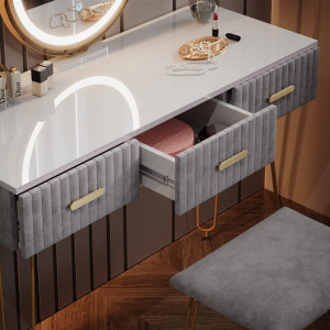 SEA395 - Set Masa toaleta, 100 cm, cosmetica machiaj, oglinda cu LED, masuta vanity, scaun tapitat - Alb-Auriu-Gri