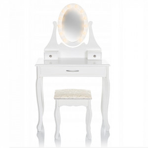 SEA519 - Set Masa alba toaleta, 75 cm, cosmetica machiaj oglinda cu LED, masuta vanity, scaunel, taburet tapitat
