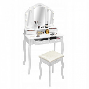SEA536 - Set Masa alba toaleta, 80 cm, cosmetica machiaj oglinda cu LED, masuta vanity, scaunel, taburet tapitat