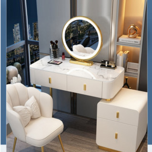 SEA88 - Set Masa toaleta, 100 cm, cosmetica, masa machiaj cu oglinda LED si scaun, masuta vanity - Alb