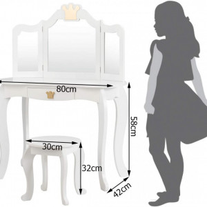 SEAC5 - Set masuta de toaleta copii, 80 cm, cu scaunel si oglinda - Alb