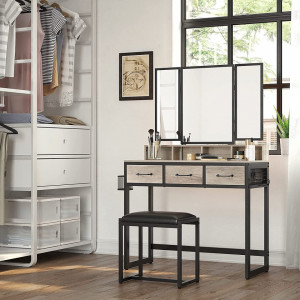 SEG206 - Set Masa toaleta, 90 cm, cosmetica machiaj cu oglinda tripla, masuta vanity - Grej stil industrial