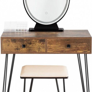 SEM11 - Set Masa toaleta, 80 cm, cosmetica machiaj oglinda cu LED, masuta makeup cu scaun tapitat - Maro-Negru