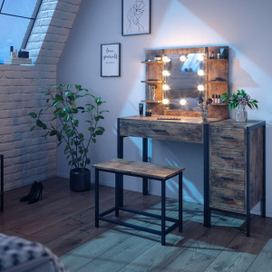 SEM227 - Set Masa toaleta, 110 cm, cosmetica machiaj oglinda cu sau fara LED, masuta vanity, cu sau fara bancuta - Maro stil industrial