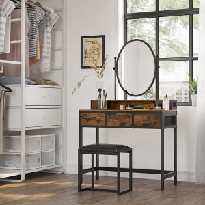SEM231 - Set Masa toaleta, 90 cm, cosmetica machiaj cu oglinda, masuta vanity cu scaun tapitat - Maro stil industrial
