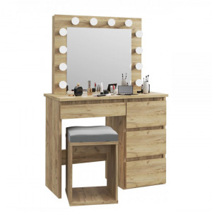 SEM502 - Set Masa toaleta cosmetica machiaj oglinda masuta vanity, oglinda cu LED-uri cu sau fara scaun - Culoarea Stejar