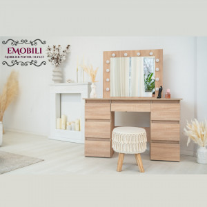 SEM507 - Set Masa toaleta, 120 cm, cosmetica machiaj, masuta vanity, oglinda cu LED-uri - Sonoma