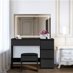 SEN20 - Set Masa toaleta 90 cm, cosmetica machiaj oglinda cu LED, masuta vanity cu taburet - Negru-Lucios