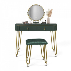 SEV203 - Set Masa toaleta, 100 cm, cosmetica machiaj, oglinda cu LED, scaunel taburet tapitat - Verde Inchis Lucios-Auriu