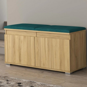 BAM507 - Banca 100x37x51 cm, Pantofar pentru Hol, pantofi, depozitare - Culoarea Stejar cu tapiterie Gri/Albastru/Verde