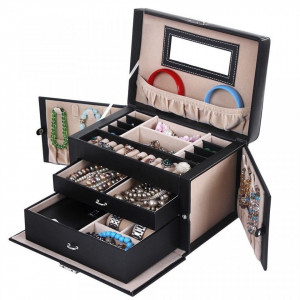 CJN202 - Cutie cutiuta bijuterii, depozitare ceasuri, imitatie piele - Negru
