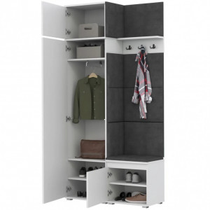 CUI511 - Cuier 104x37x214 cm - 3 agatatori haine, hol, pantofar - Alb, tapiterie Turcoaz/Gri/Albastru
