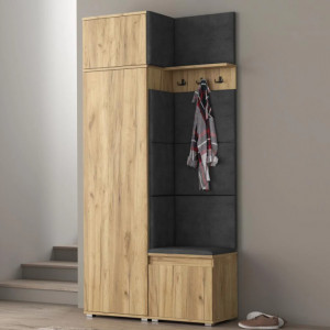 CUI512 - Cuier 104x37x214 cm - 3 agatatori haine, hol, pantofar - Stejar, tapiterie Turcoaz/Gri/Albastru
