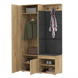 CUI514 - Cuier 104x37x177 cm - 3 agatatori haine, hol, pantofar - Stejar, tapiterie Turcoaz/Gri/Albastru