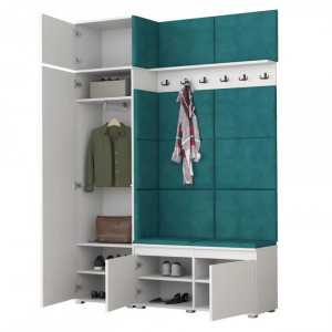CUI519 - Cuier 154x37x214 cm - 6 agatatori haine, hol, pantofar - Alb, tapiterie Verde/Gri/Albastru