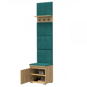 CUI524 - Cuier 50x37x214 cm - 3 agatatori haine, hol, pantofar - Culoarea Stejar, tapiterie Verde/Gri/Albastru