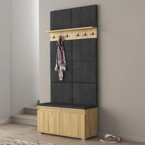 CUI527 - Cuier 100x37x214 cm - 6 agatatori haine, hol, pantofar - Culoarea Stejar, tapiterie Verde/Gri/Albastru