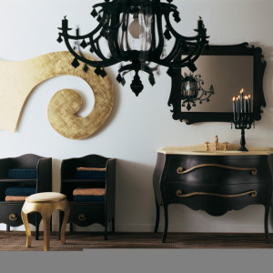 ELN502 - Set Mobilier Baie Narciso - Comoda, Lavoar, Oglinda, Plinta atistrop Negru-Antichizat