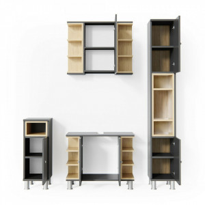LILI202 - Mobilier Baie LILI: masca chiuveta, dulap oglinda, comoda ingusta, dulap inalt - Gri
