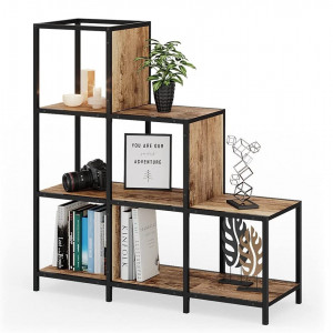 RAI225 - Rafturi 90 cm, cu 6 cuburi, pentru living, birou, hol, biblioteca stil industrial - Maro