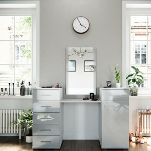 SEA265 - Set Masa alba toaleta 140 cm cosmetica machiaj, oglinda cu LED la alegere, masuta vanity