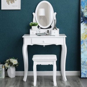 SEA290 - Set Masa toaleta, 70 cm, cosmetica machiaj, oglinda , masuta vanity, comoda make-up, scaun tapitat - Alb