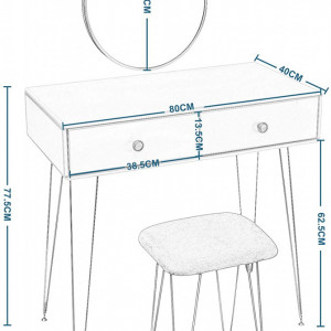 SEA299 - Set Masa toaleta, 80 cm, cosmetica machiaj cu oglinda si scaun, masuta vanity - Alb