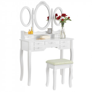 SEA316 - Set Masa alba toaleta cosmetica machiaj oglinda masuta vanity, cu scaunel tapitat