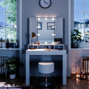 SEA339 - Set Masa alba toaleta moderna, 90 cm, cosmetica machiaj oglinda masuta vanity cu oglinda cu LED sau fara LED