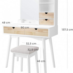SEA342 - Set Masa toaleta cosmetica 90 cm machiaj masuta vanity, oglinda make-up, cosmetica cu scaun tapitat - Alb