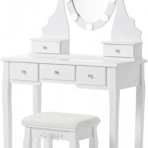 SEA343 - Set Masa toaleta cosmetica 80 cm machiaj masuta vanity, oglinda make-up cu LED, cosmetica cu scaun tapitat - Alb