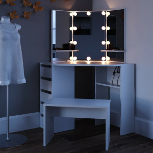 SEA353 - Set Masa alba toaleta cosmetica machiaj oglinda cu LED, masuta vanity pe colt cu incarcare Qi